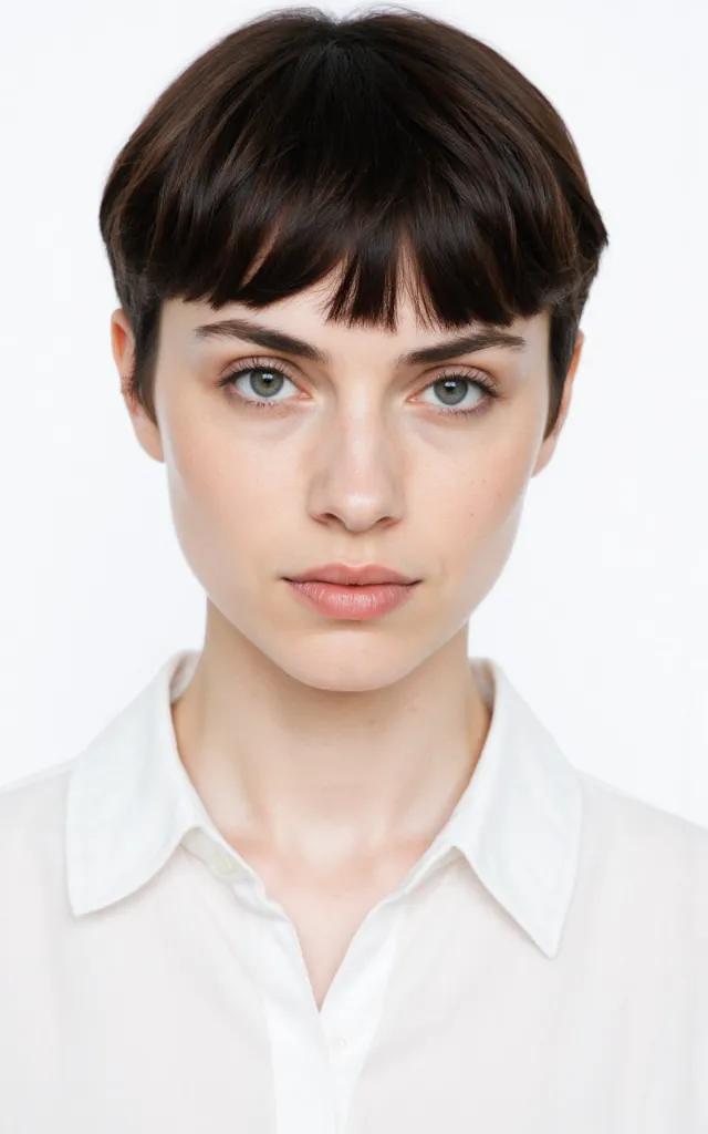 A French female model with a Pixie cut with bangs, wearing a shirt, against a white background, in a front   facing bust portrait